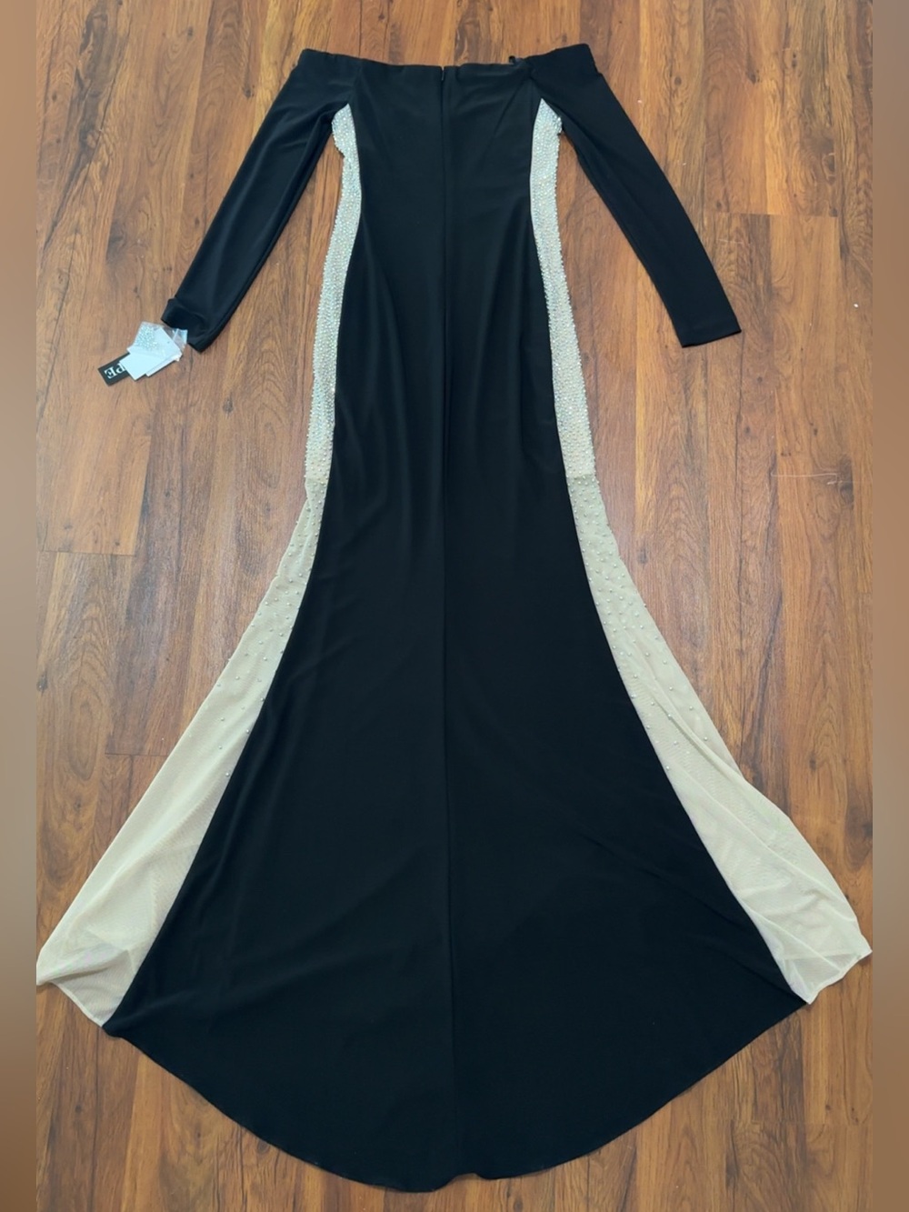 Xscape Black Off-Shoulder Long Sleeve Gown Crystal Embellishment Side Panels - Picture 9 of 16